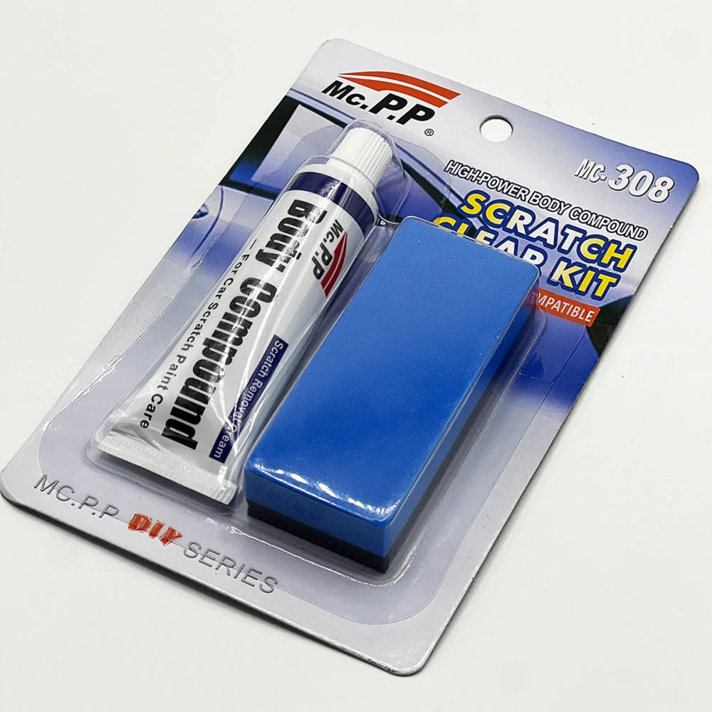Scratch removal compound kit in retail blister pack with blue sponge and applicator tube