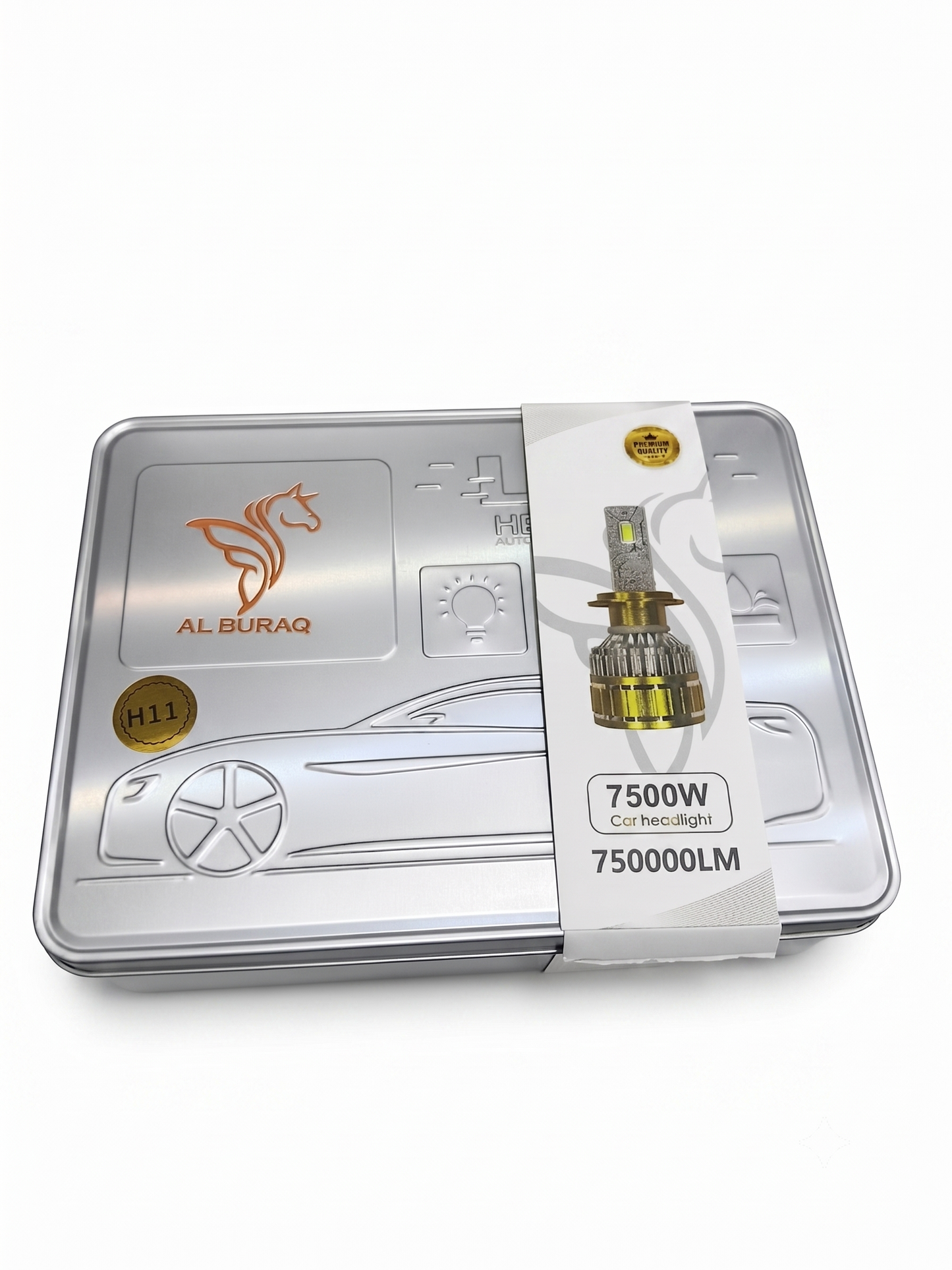 H11 LED headlight bulb set with blister-style package and gold bulb sample