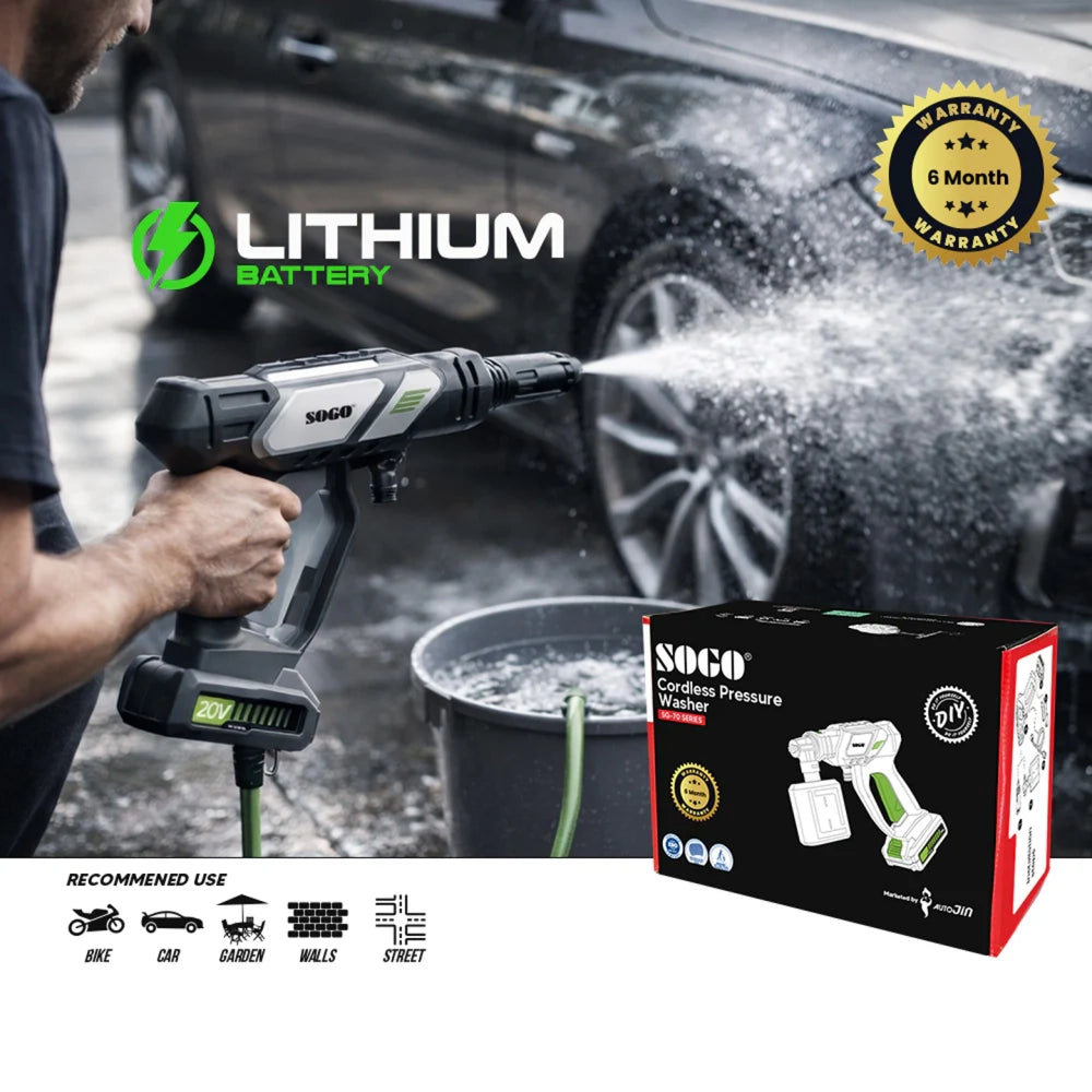 SOGO 20V Cordless Car Pressure Washer 20 Bar Portable Cleaner