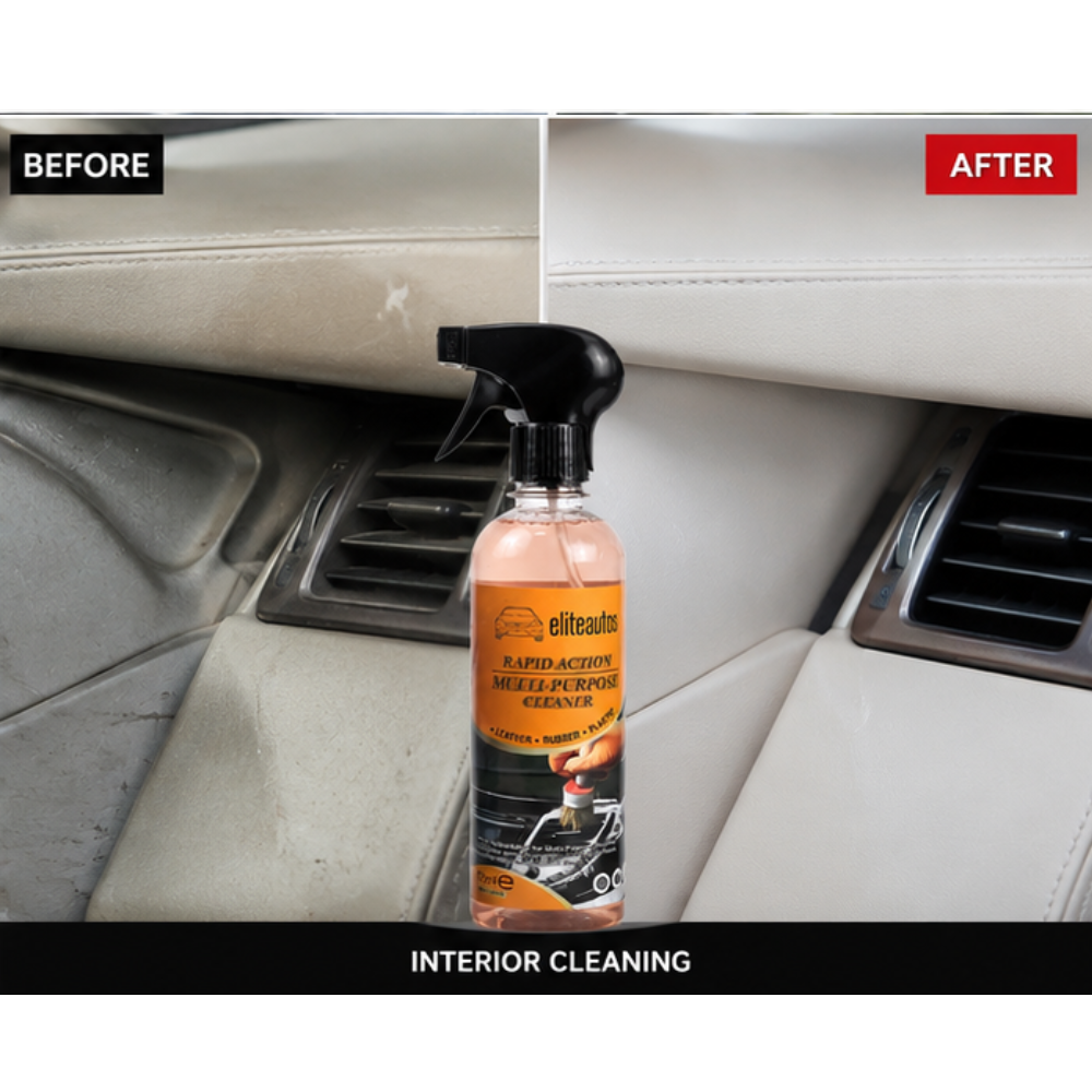 Amber multi-purpose cleaner bottle with black spray trigger near car interior seat