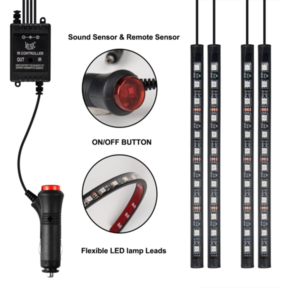 Interior Atmosphere Lights RGB 4PCS 48 LED Car Ambient Lights with Remote Sound Active Interior LED Kit