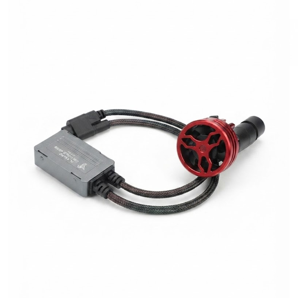 Fanless LED headlight bulb with red heat sink and braided wire adapter module