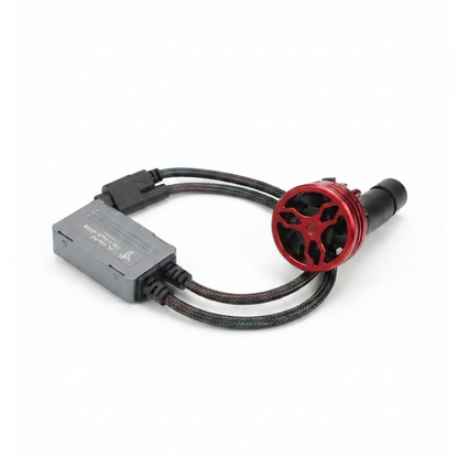 Fanless LED headlight bulb with red heat sink and braided wire adapter module