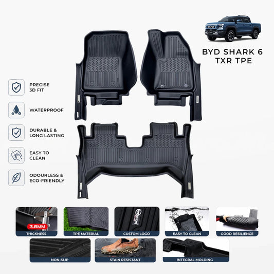 Black TPE car floor mat set with front and rear coverage, molded channels