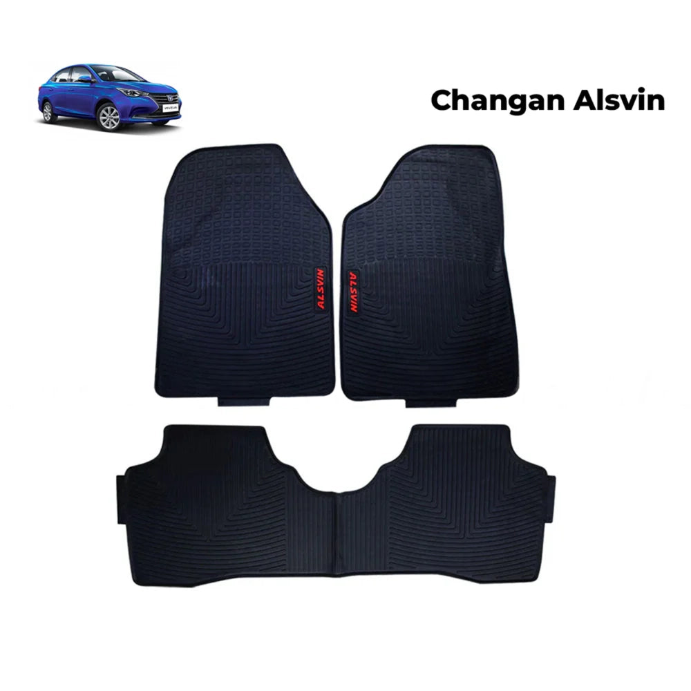 Black rubber car floor mat set, four-piece with embossed grid and center cutout