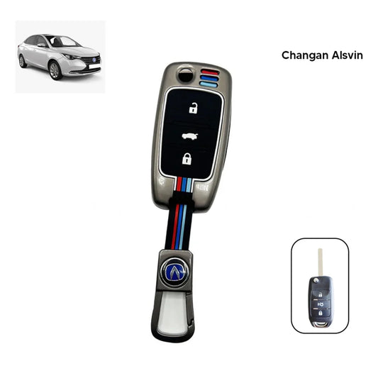 Metallic grey remote key fob cover with buttons and blue/red stripe inlay