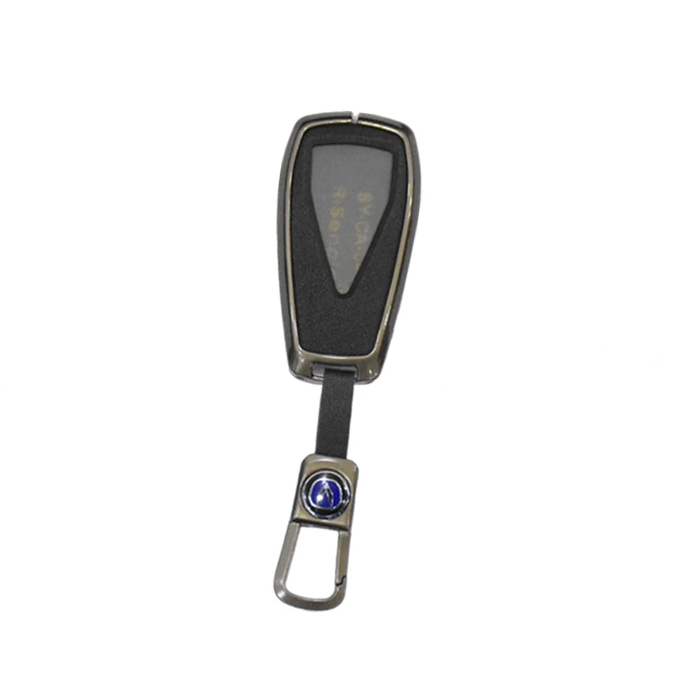 Metal key fob cover with metallic gray case and blue accent ring, lanyard loop