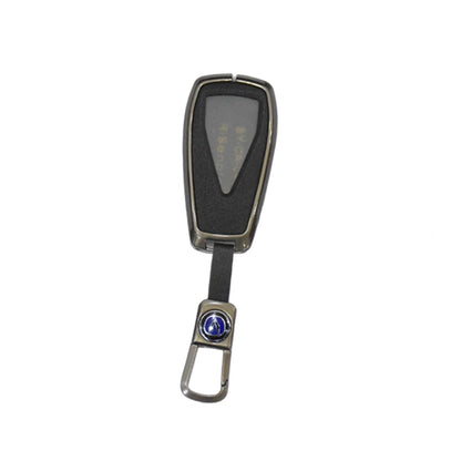Metal key fob cover with metallic gray case and blue accent ring, lanyard loop