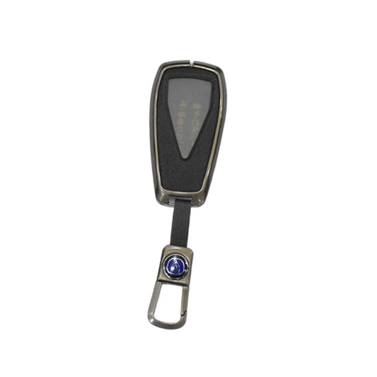 Metal key fob cover with metallic gray case and blue accent ring, lanyard loop