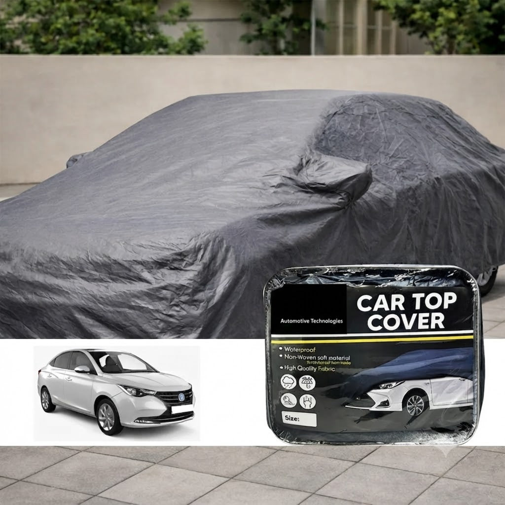 Gray waterproof car top cover draped over car roof, full top coverage