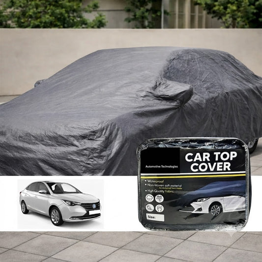 Gray waterproof car top cover draped over car roof, full top coverage