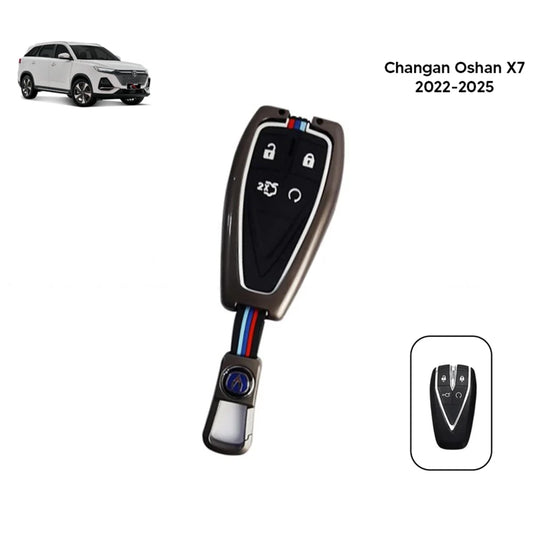 Black car key fob case with metallic frame and blue/red stripe trim