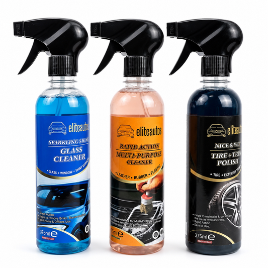 Set of 3 car cleaner bottles with black spray nozzles: blue, pink, and dark blue