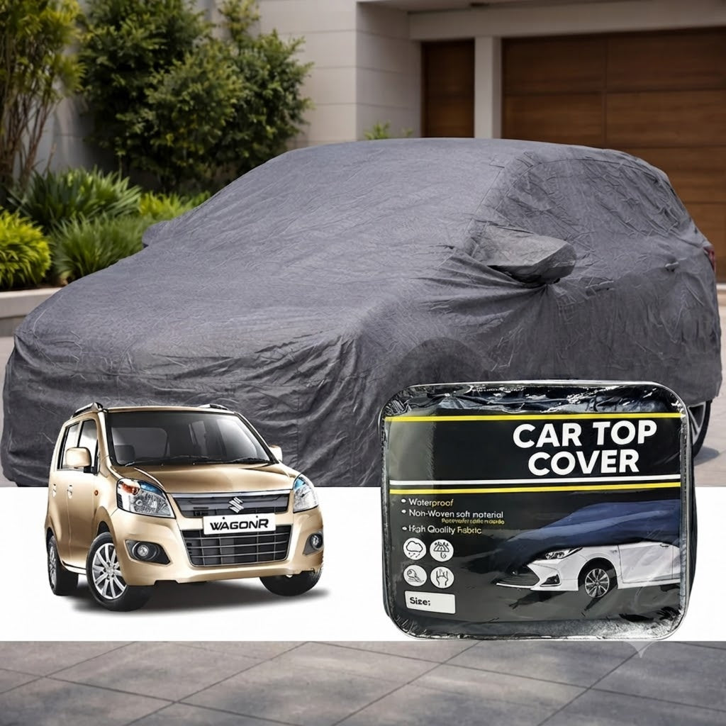 Gray waterproof non-woven car top cover with drawstring cinch and car fit