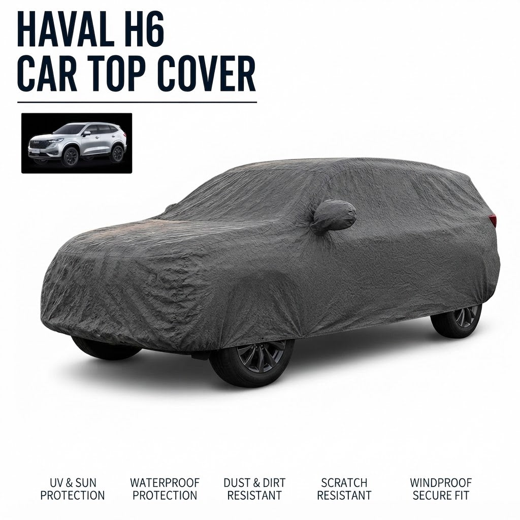 Gray non-woven waterproof car top cover, fitted wrap over hood and sides