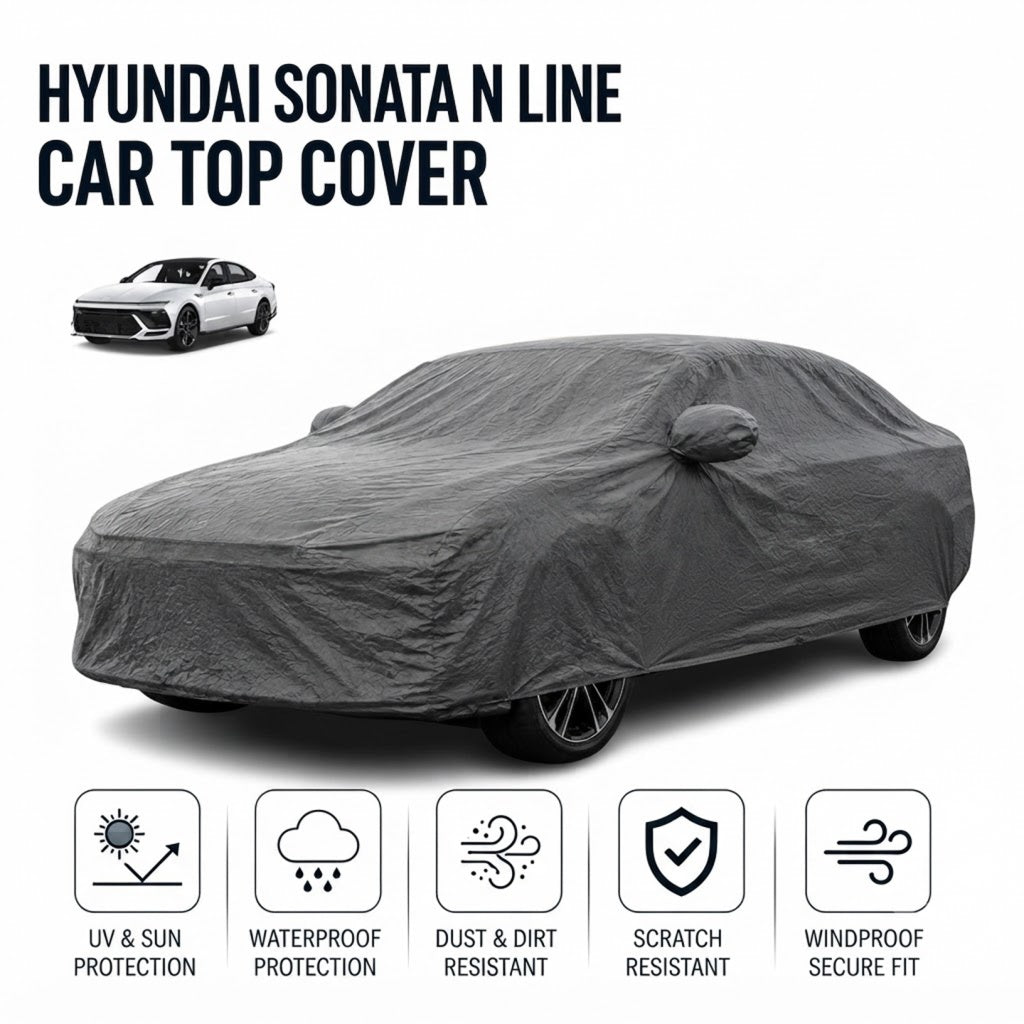 Gray fitted car top cover draped over the full vehicle