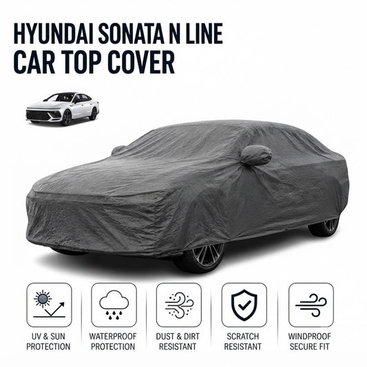 Gray fitted car top cover draped over the full vehicle