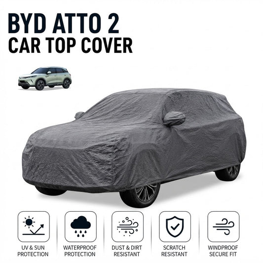Gray non-woven waterproof car top cover with snug fitted hood shape