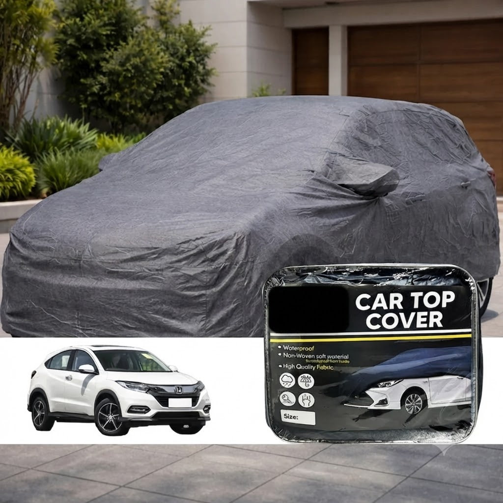 Gray non-woven waterproof car top cover with fitted drape on vehicle roof