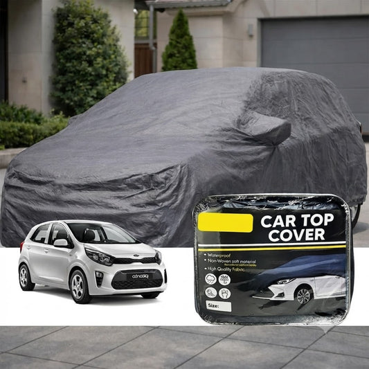 Waterproof gray non-woven car top cover for Kia Picanto, draped over hatchback