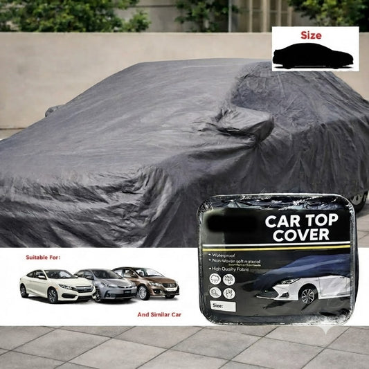 Gray non-woven sedan top cover with fitted full-roof shape and secured edges