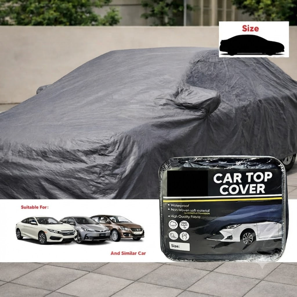 Gray non-woven sedan top cover with gathered front and rear elastic hem