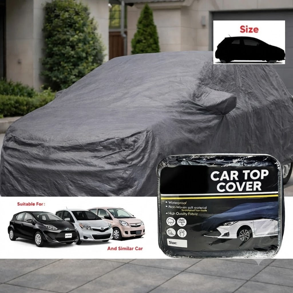 Gray non-woven car top cover for a hatchback, full fitted drape over vehicle roof