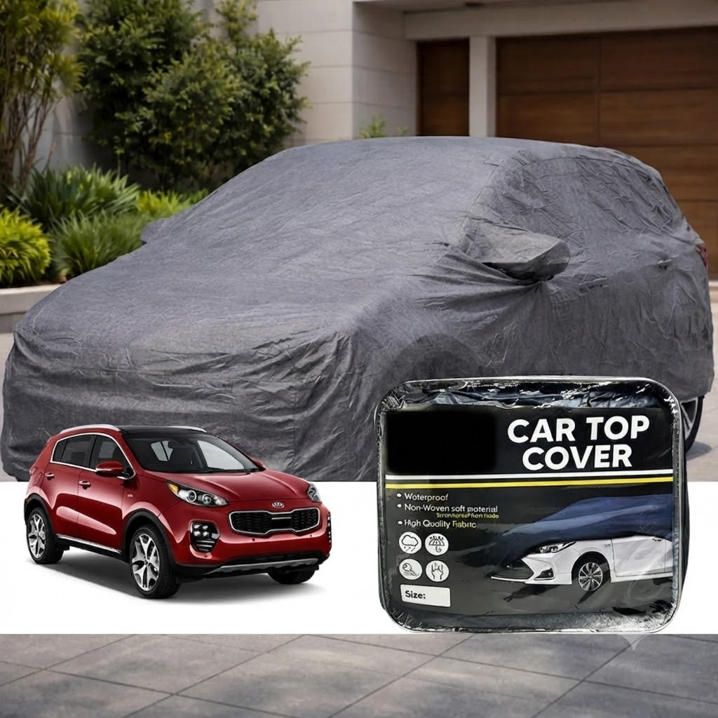 Gray non-woven car top cover, fitted over vehicle roof shape