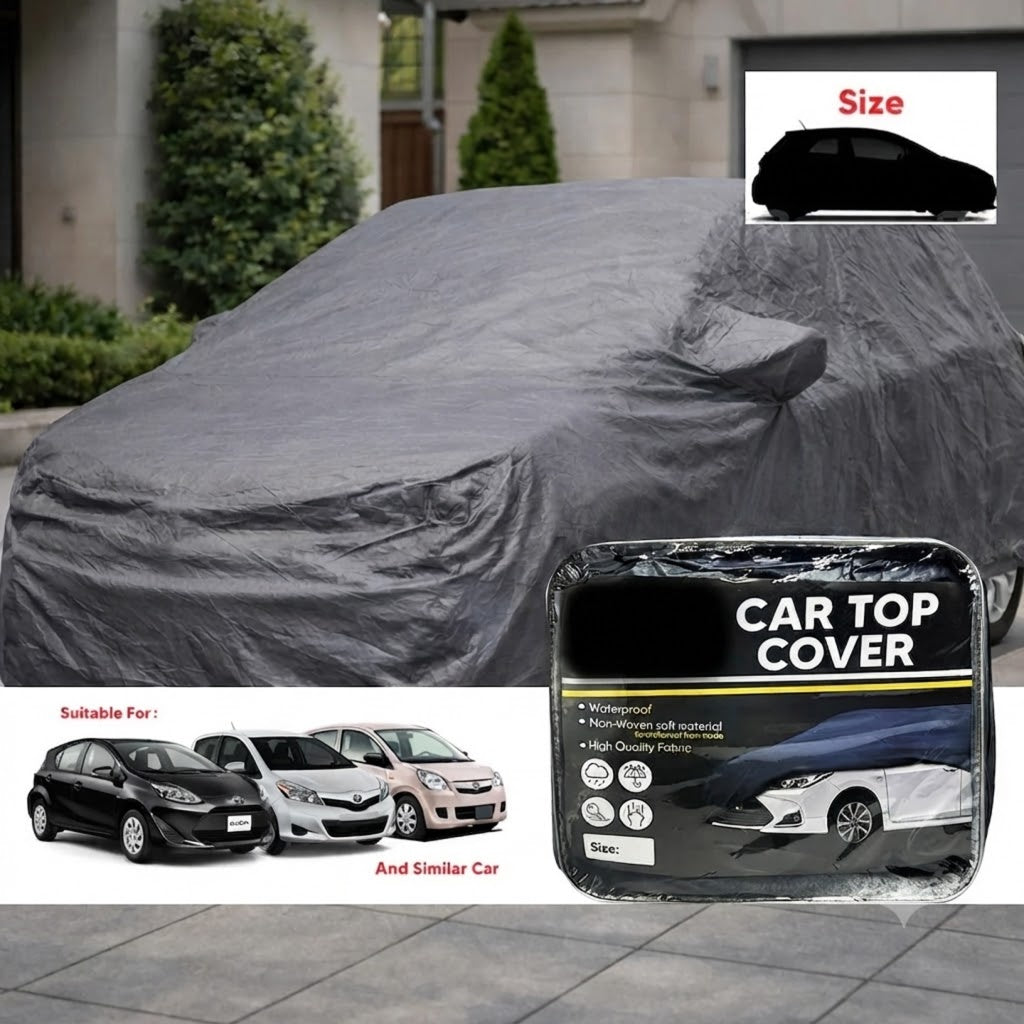 Gray non-woven car top cover on vehicle, contoured hood and side drape