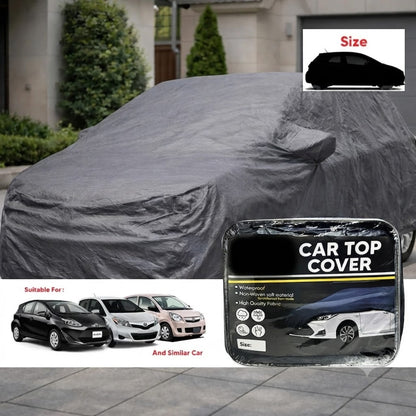 Gray non-woven car top cover on vehicle, contoured hood and side drape