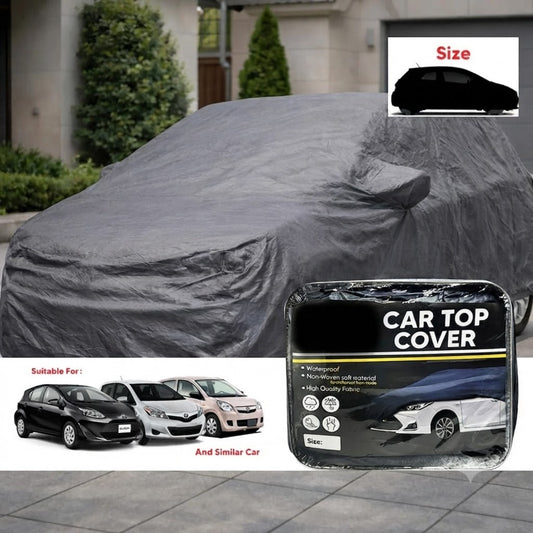 Gray non-woven car top cover on vehicle, contoured hood and side drape