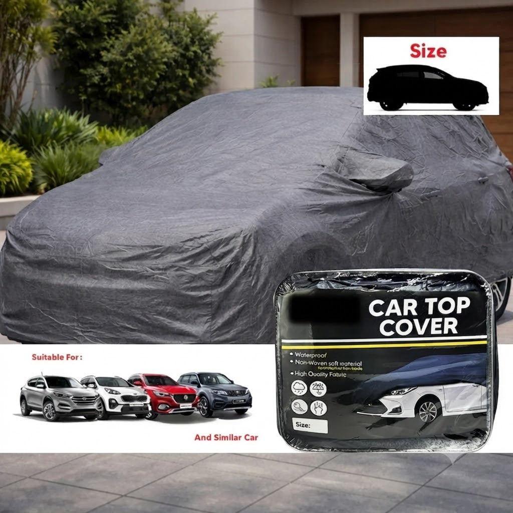 Gray non-woven SUV car top cover draped over roof for protective coverage