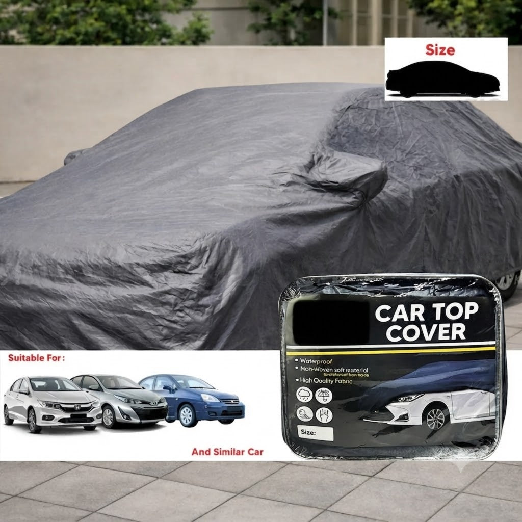Gray non-woven car top cover for a sedan, full drape with center knot detail