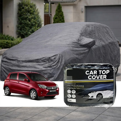 Gray non-woven waterproof car top cover with hood contour, snug over vehicle