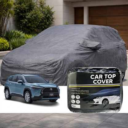 Waterproof non-woven car top cover, gray, fitted hood-style cover with tie flap