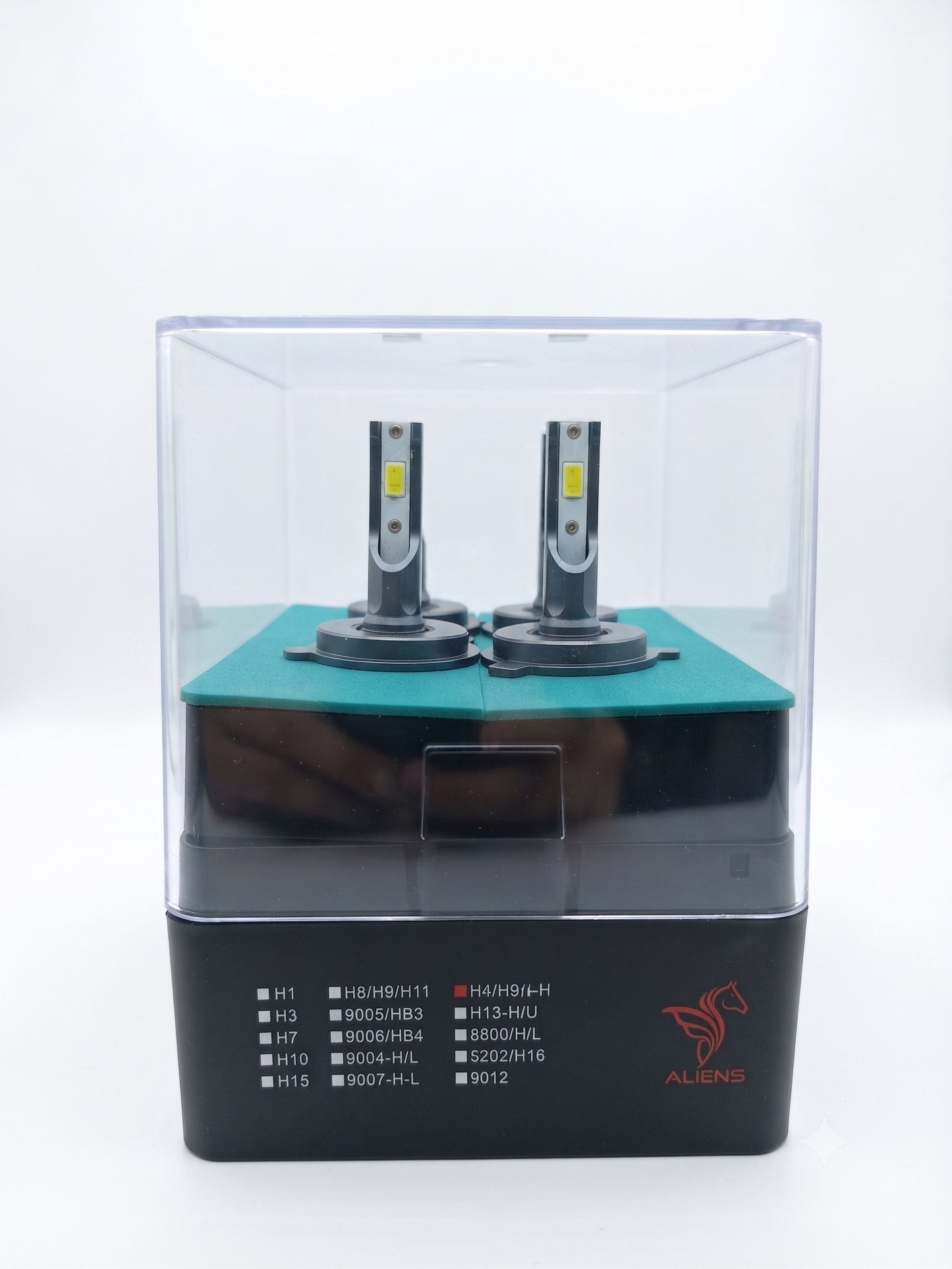 Fanless LED headlight bulb set in clear box with two bulbs and front labeling