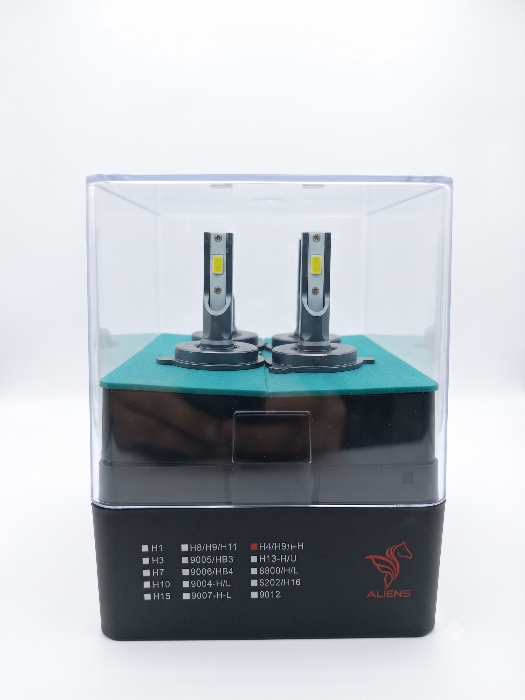 Fanless LED headlight bulb set in clear box with two bulbs and front labeling