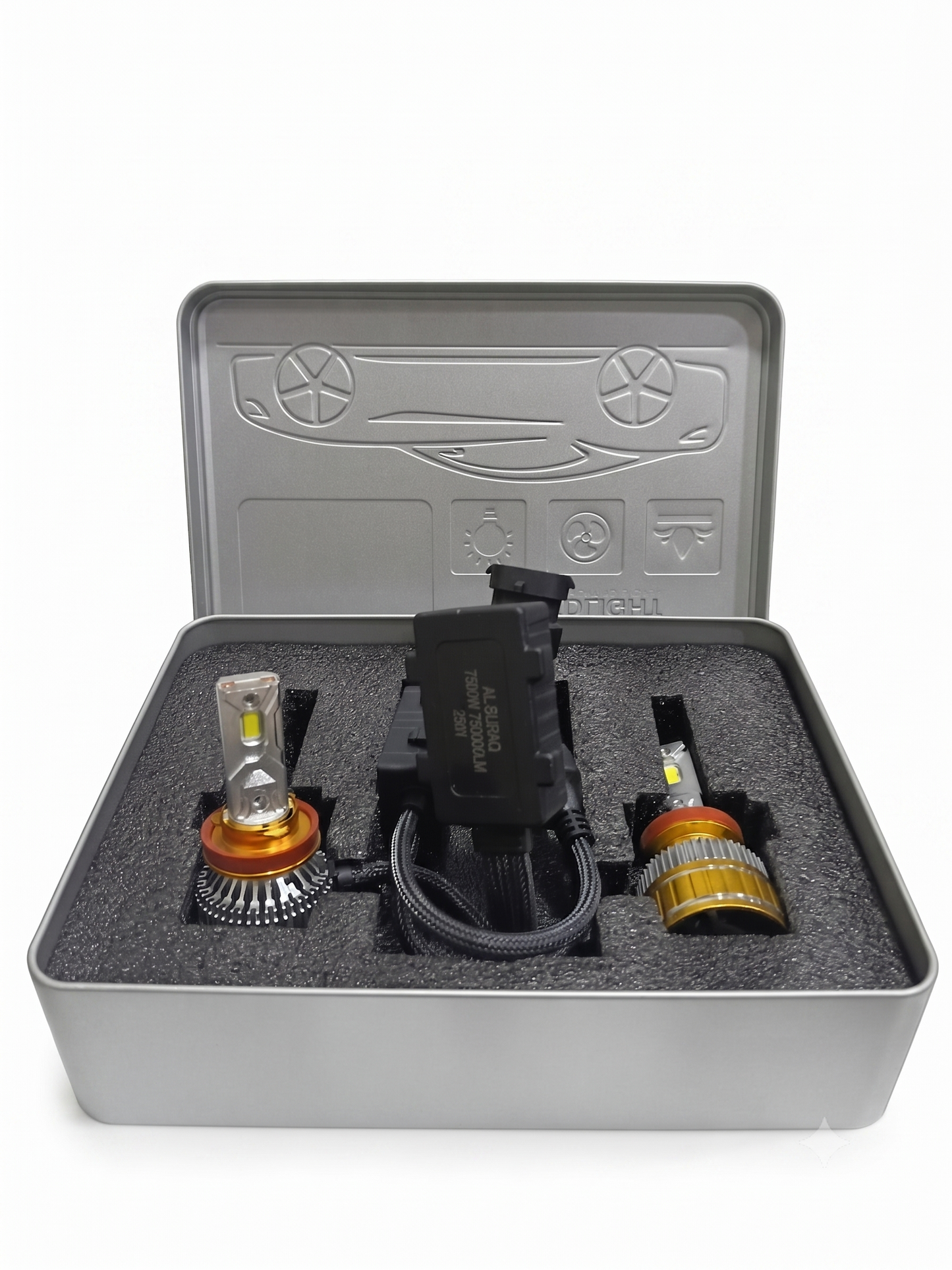 H11 LED headlight bulb kit in open gray case with two bulbs and wiring harness