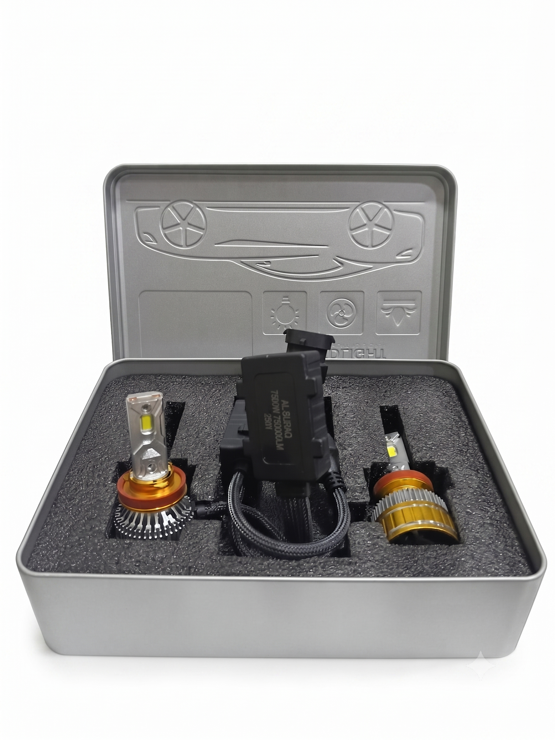 H11 LED headlight bulb kit in open gray case with two bulbs and wiring harness