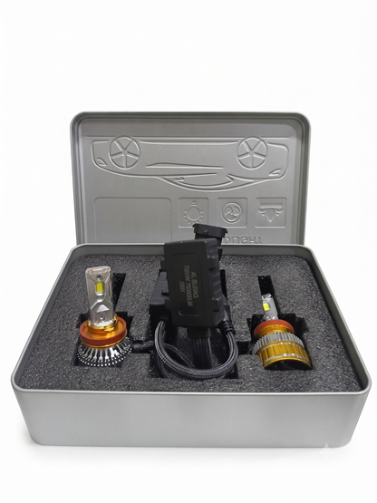 H11 LED headlight bulb kit in open gray case with two bulbs and wiring harness