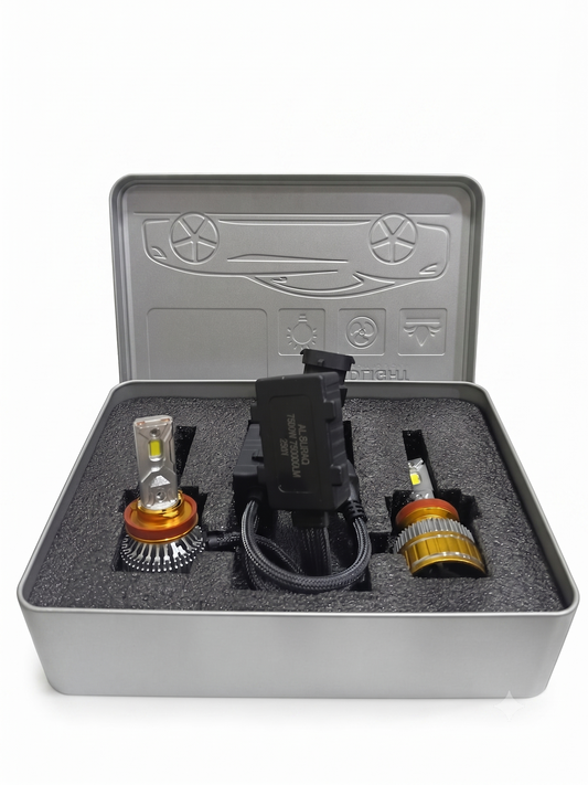 H11 LED headlight bulb kit in open gray case with two bulbs and wiring harness