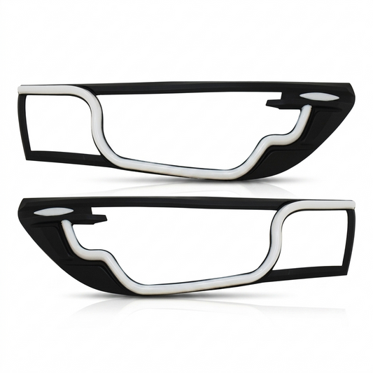 Black ABS headlight LED cover set with white LED outline accents