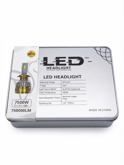 H11 LED headlight bulb product box showing 7500W 6500K and IP67 specs