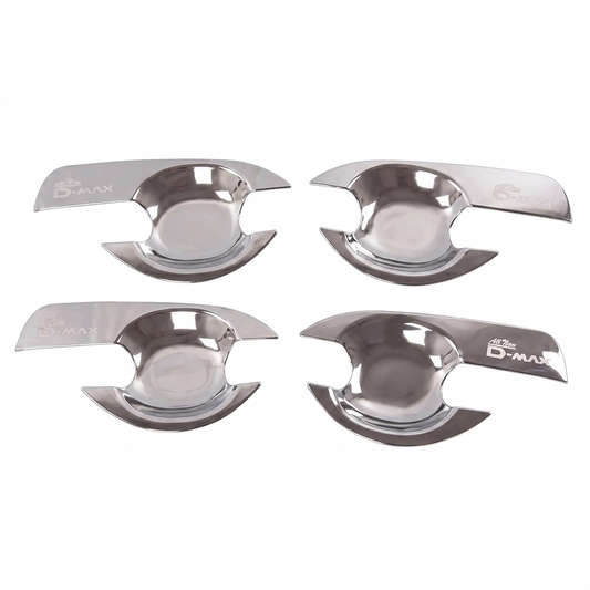 Set of four chrome door handle bowl covers with D-Max logo, oval surrounds
