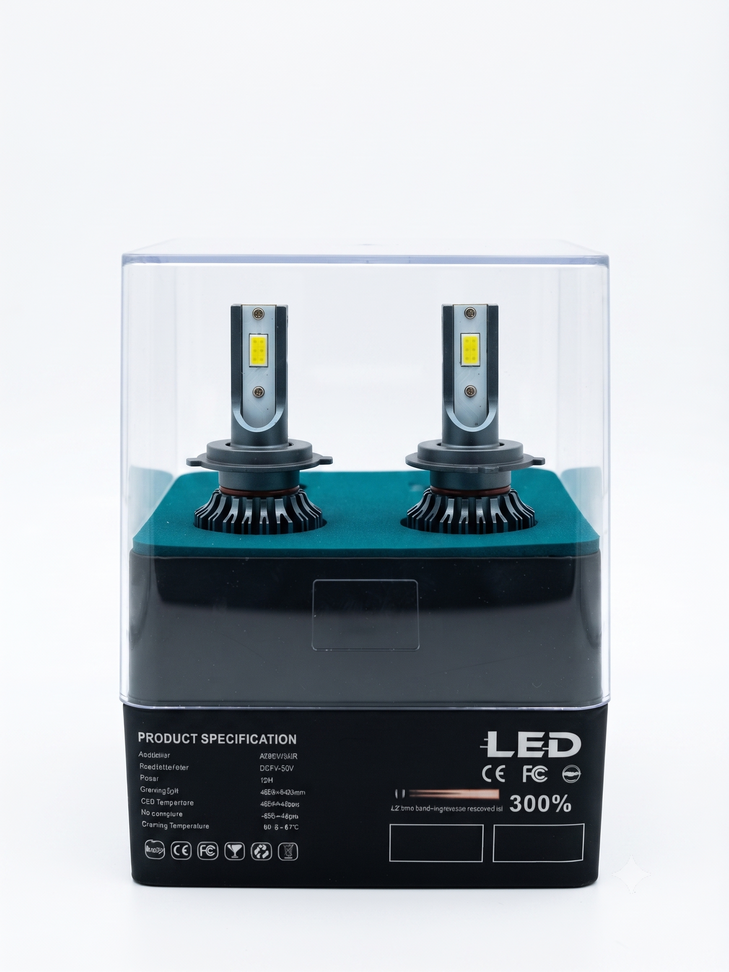 LED headlight bulb pair in clear retail box; product spec text on front panel