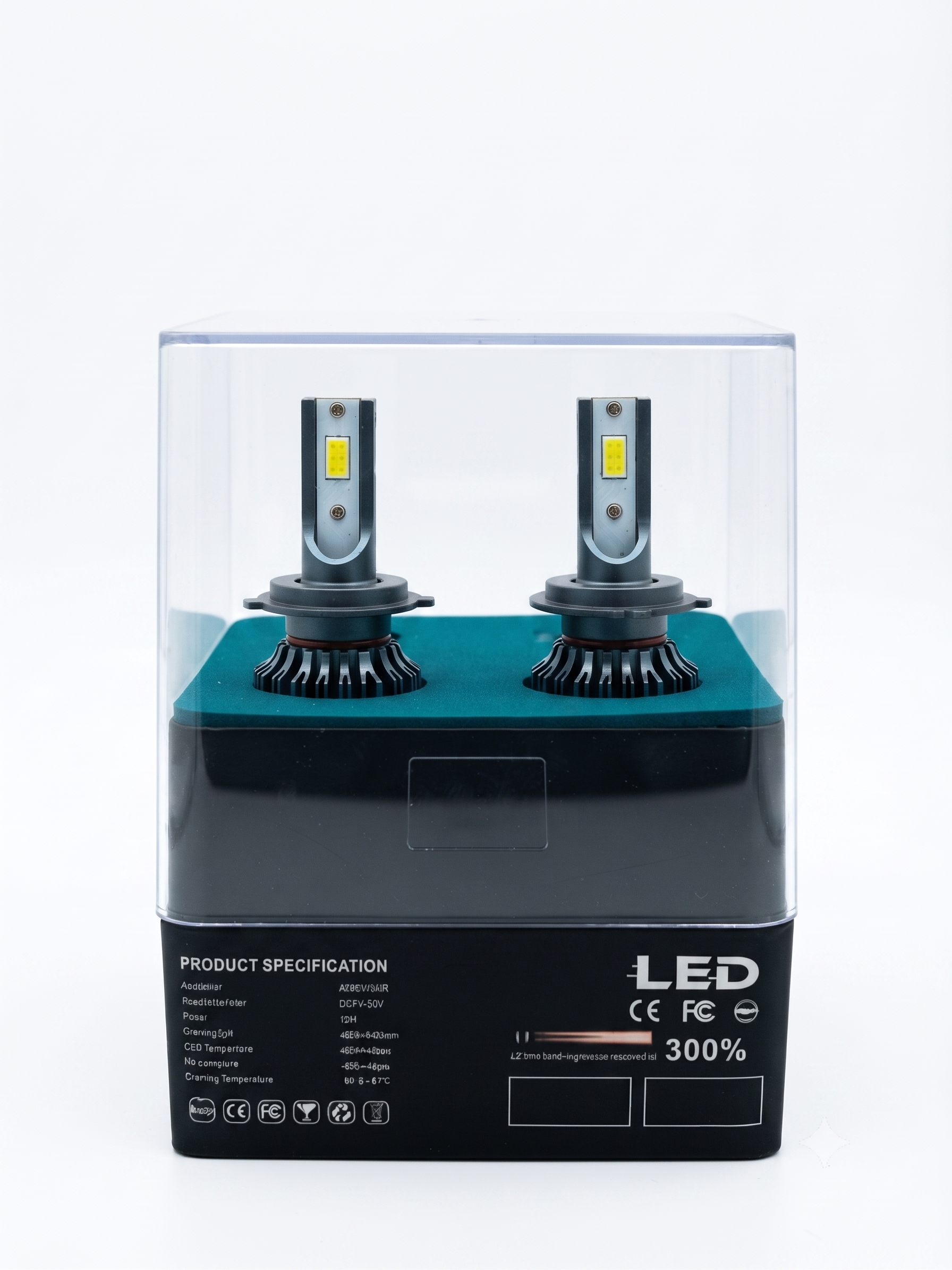 LED headlight bulb pair in clear retail box; product spec text on front panel