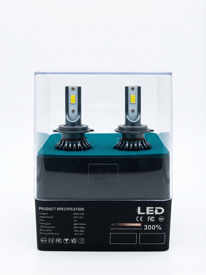 LED headlight bulb pair in clear retail box; product spec text on front panel