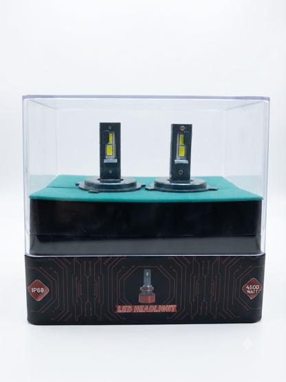 Pair of LED headlight bulbs in clear display box on black and green top