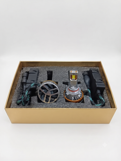 9005 LED headlight bulb kit in open box with two bulbs, wiring, and connectors