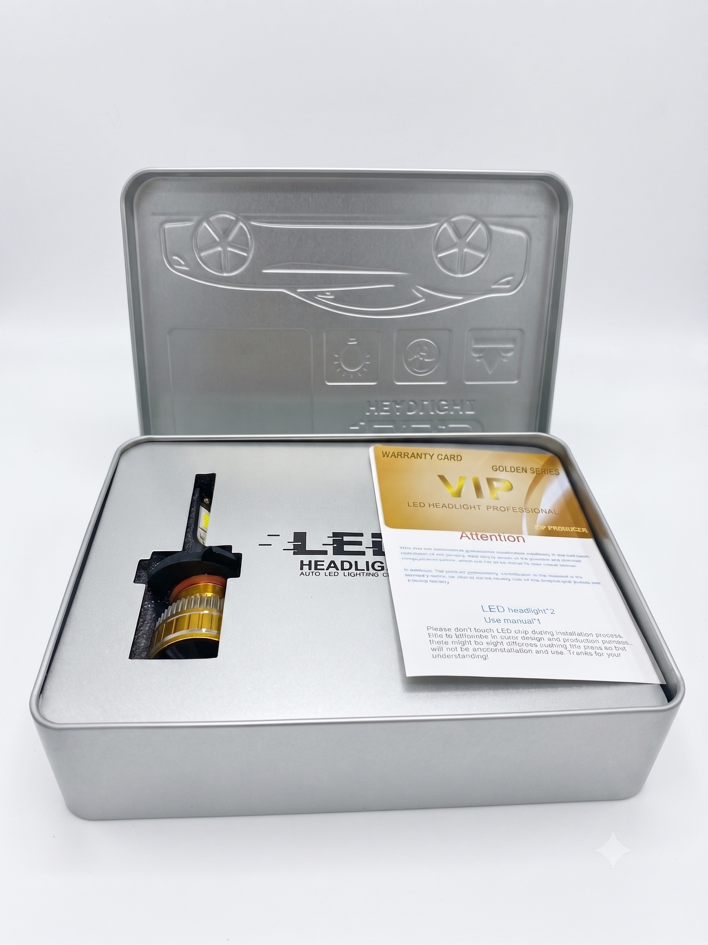 H11 LED headlight bulb with two bulbs, instruction card, and open gray case